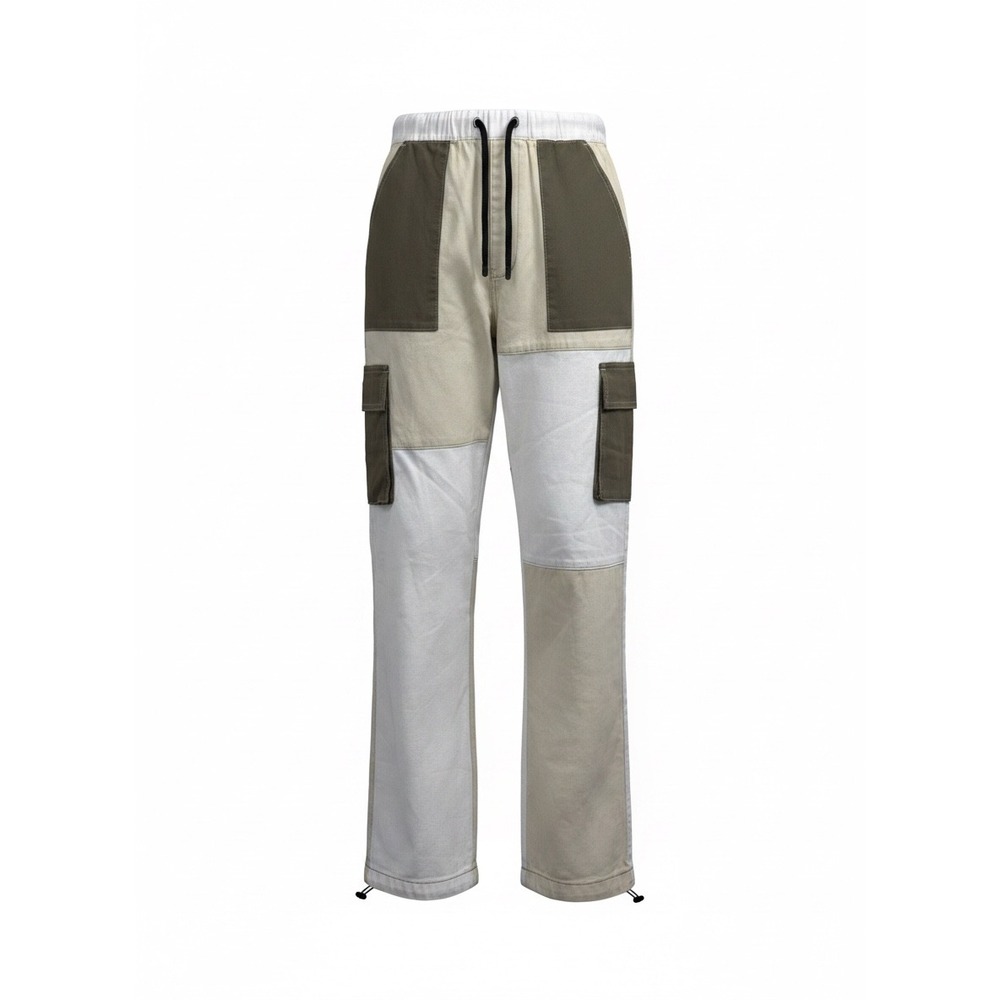 Bershka Colorblock Cargo Pants Mens Small Beige White Patchwork Utility Trousers